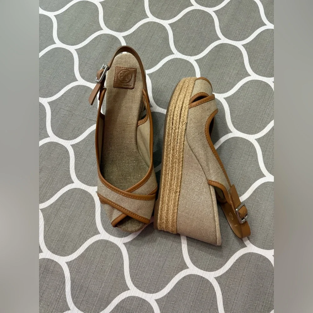 Tory Burch Majorca Peep Toe Espadrille Wedge Leather Shimmer Sling Back Sandals